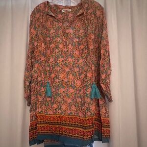 Natural Life-Floral Tassel Boho Tunic Dress in Coral and Teal